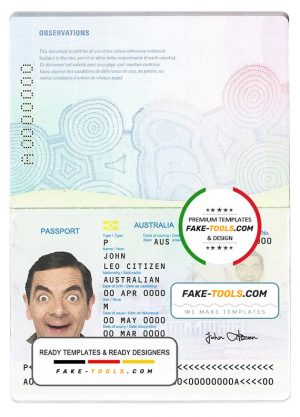 Australian standard passport template in PSD format, fully editable, with all fonts