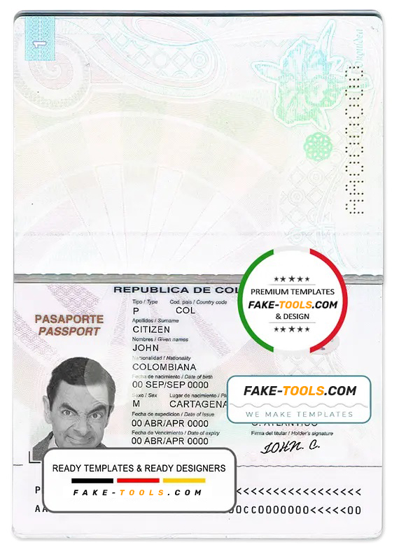 Colombia passport template in PSD format, fully editable | fake tools