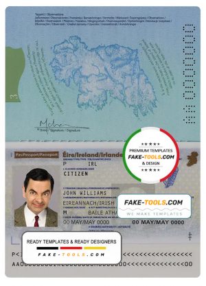 Ireland passport template in PSD format, fully editable, with all fonts