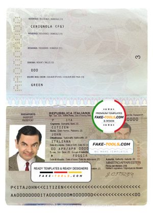 Italy passport template in PSD format, fully editable, with all fonts