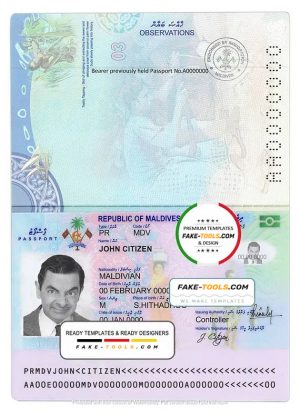 Maldives passport template in PSD format, fully editable, with all fonts