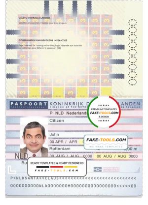 Netherlands (Holland) passport template in PSD format, fully editable, with all fonts