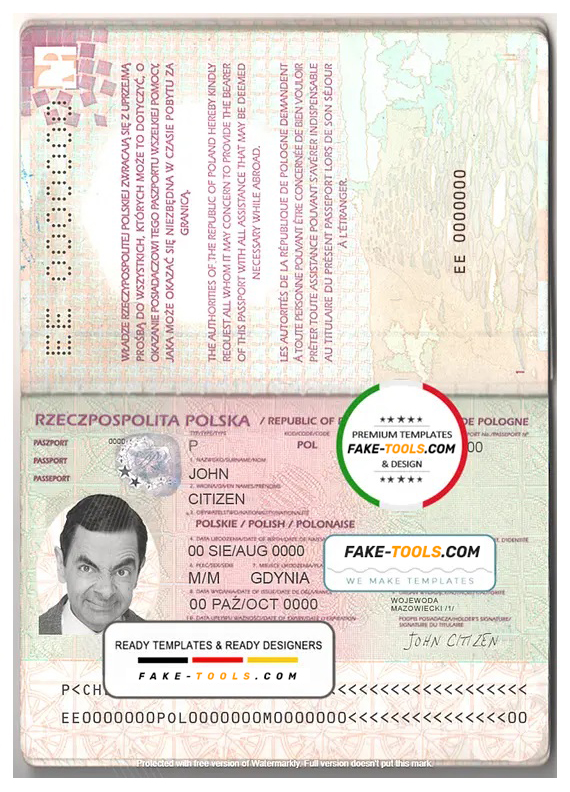 Poland passport template in PSD format, fully editable | fake tools