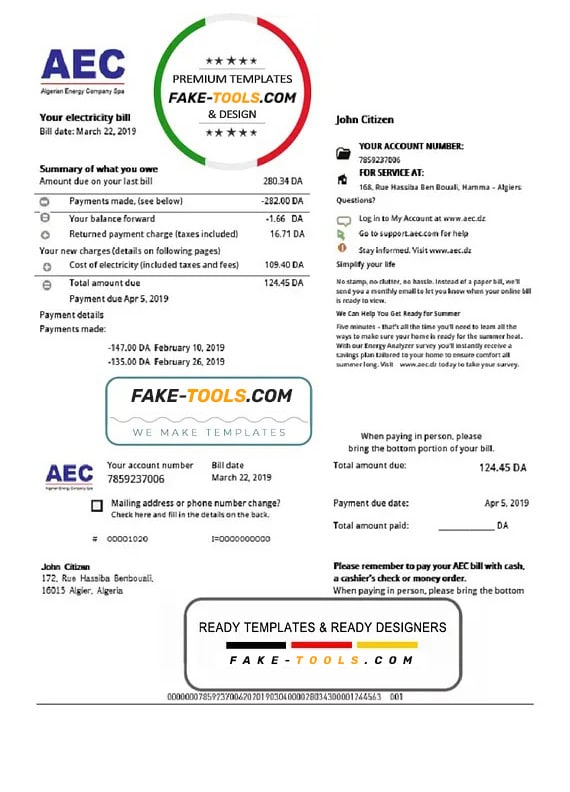 Algeria AEC Algerian Energy Company utility bill template in Word and PDF format Algeria AEC Algerian Energy Company utility bill template in Word and PDF format