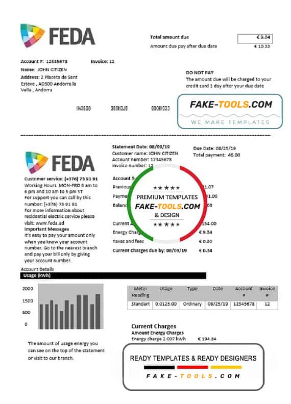 Andorra ELECTRIC FORCES OF ANDORRA utility bill template in Word and PDF format Andorra ELECTRIC FORCES OF ANDORRA utility bill template in Word and PDF format