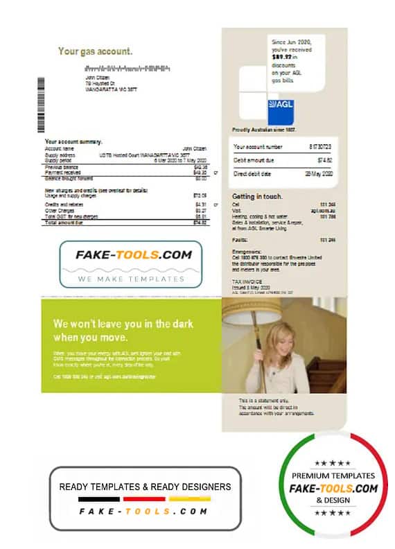 Australia AGL gas utility bill template in Word and PDF format Australia AGL gas utility bill template in Word and PDF format