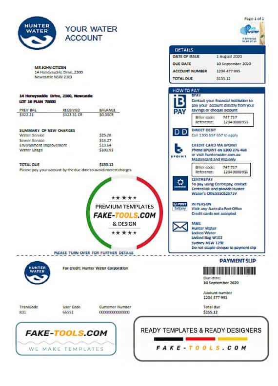 Australia Hunter Water utility bill template in Word and PDF format Australia Hunter Water utility bill template in Word and PDF format