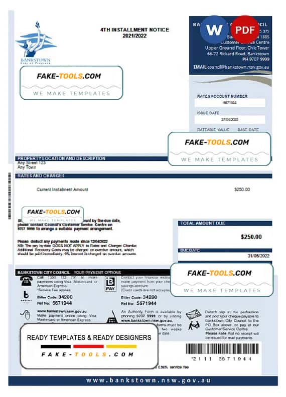 Australia NSW Bankstown City Council utility bill Word and PDF template Australia NSW Bankstown City Council utility bill Word and PDF template