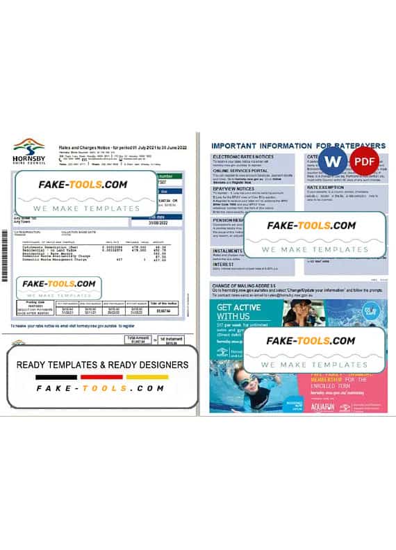 Australia NSW Hornsby Shire Council utility bill, Word and PDF template, 2 pages Australia NSW Hornsby Shire Council utility bill, Word and PDF template, 2 pages