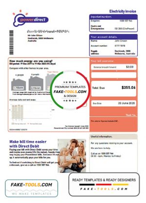 Australia Powerdirect electricity utility bill template in Word and PDF format