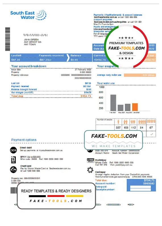 Australia South East Water utility bill template in Word and PDF format Australia South East Water utility bill template in Word and PDF format
