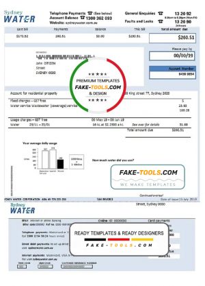 Australia Sydney water utility bill template, fully editable in Word and PDF format