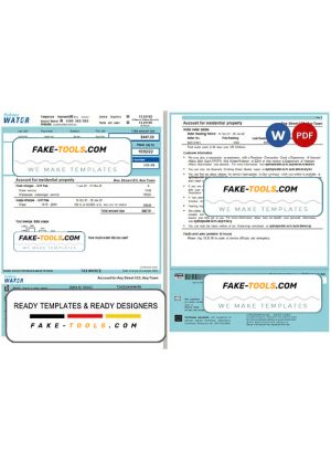 Australia Sydney Water utility bill, Word and PDF template, 2 pages