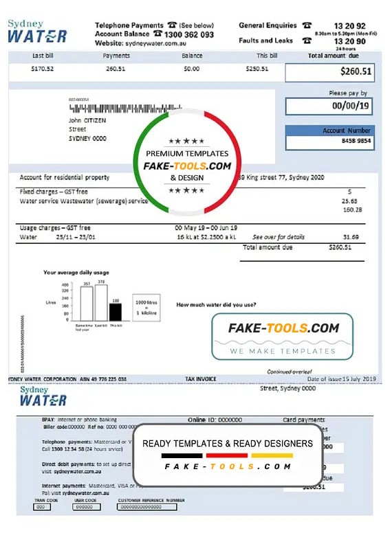 Australia Sydney water utility bill template, fully editable in Word and PDF format Australia Sydney water utility bill template, fully editable in Word and PDF format