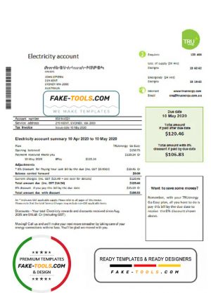 Australia Tru Energy electricity utility bill template in Word and PDF format