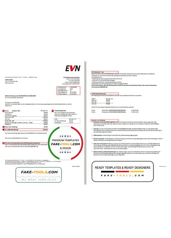 Austria EVN electricity utility bill template in Word and PDF format, language German (5 pages) Austria EVN electricity utility bill template in Word and PDF format, language German (5 pages)