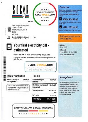 Azerbaijan Socar electricity utility bill template, fully editable in PSD format