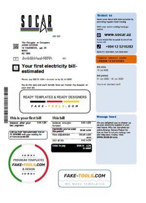 Azerbaijan Socar gas utility bill template, fully editable in PSD format