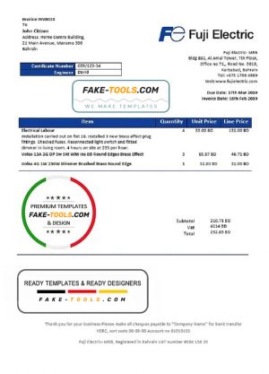 Bahrain Falcon Electrical S.P.C electricity utility bill template in Word and PDF format