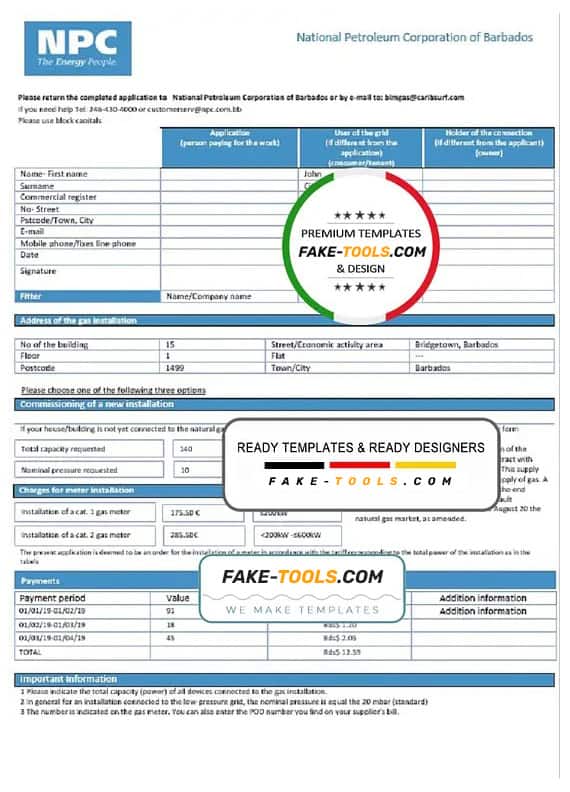 Barbados National Petroleum Corporation of Barbados gas utility bill template in Word and PDF format Barbados National Petroleum Corporation of Barbados gas utility bill template in Word and PDF format