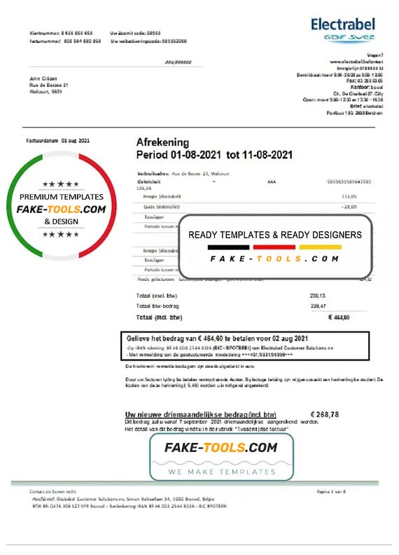 Belgium Electrabel electricity utility bill template, fully editable in Word and PDF format Belgium Electrabel electricity utility bill template, fully editable in Word and PDF format