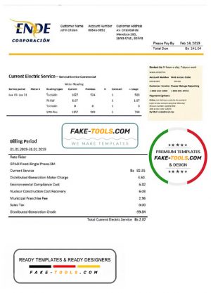 Bolivia ENDE Corporacion electricity utility bill template in Word and PDF format