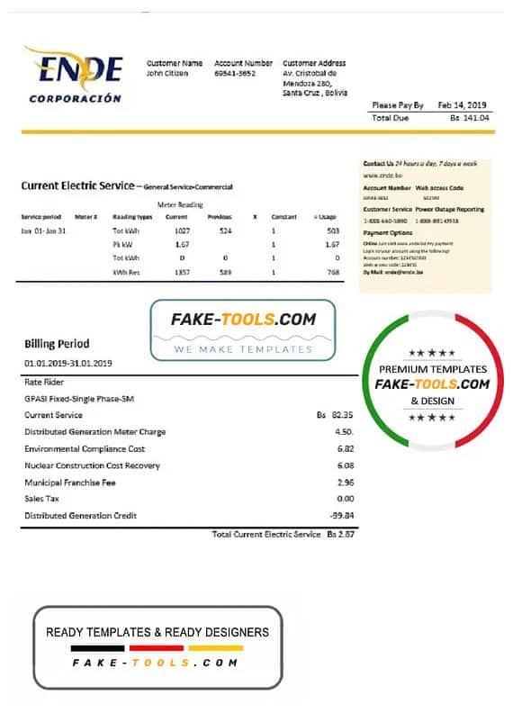 Bolivia ENDE Corporacion electricity utility bill template in Word and PDF format Bolivia ENDE Corporacion electricity utility bill template in Word and PDF format