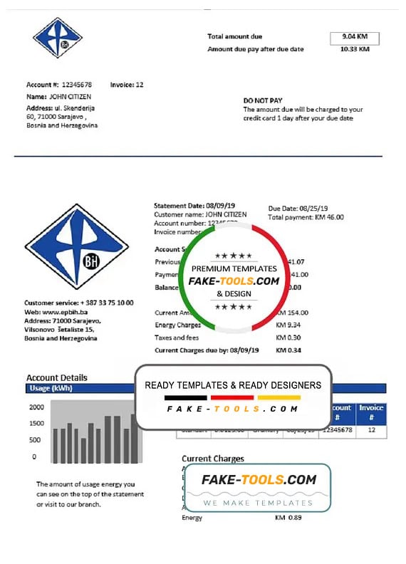 Bosnia and Herzegovina Elektroprivreda BiH electricity utility bill template in Word and PDF Bosnia and Herzegovina Elektroprivreda BiH electricity utility bill template in Word and PDF