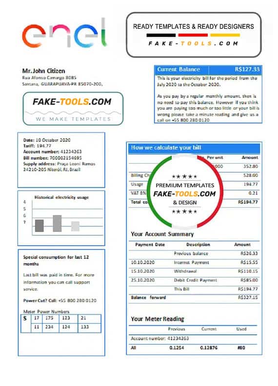 Brazil ENEL electricity utility bill template in Word and PDF format Brazil ENEL electricity utility bill template in Word and PDF format