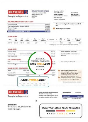 Brazil Gas utility bill template in Word and PDF format