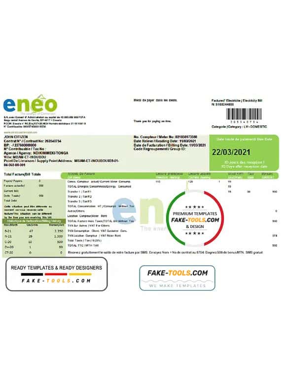 Cameroon ENEO electricity utility bill template in Word and PDF format (current version) Cameroon ENEO electricity utility bill template in Word and PDF format (current version)