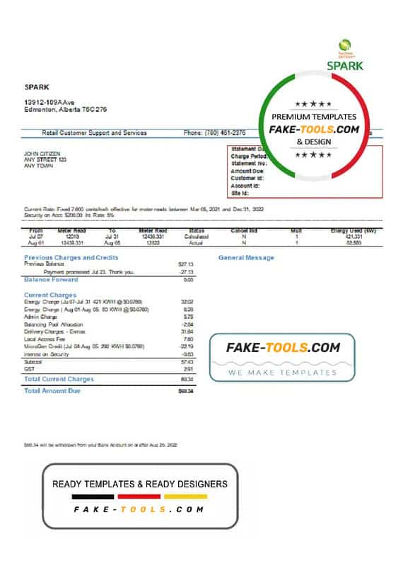 Canada Alberta Spark utility bill template in Word and PDF format Canada Alberta Spark utility bill template in Word and PDF format