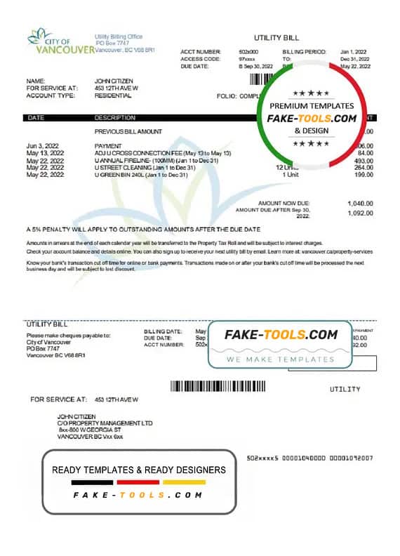 Canada British Columbia City of Vancouver utility bill template in Word and PDF format Canada British Columbia City of Vancouver utility bill template in Word and PDF format
