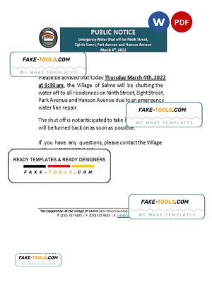 Canada British Columbia Hub of the Salmo Kootenays utility shut off notice, Word and PDF template