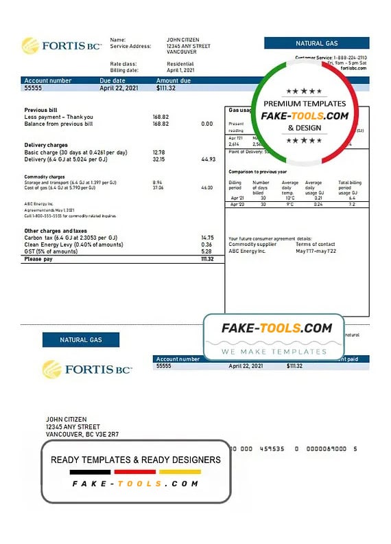 Canada British Columbia FortisBC utility bill template in Word and PDF format Canada British Columbia FortisBC utility bill template in Word and PDF format