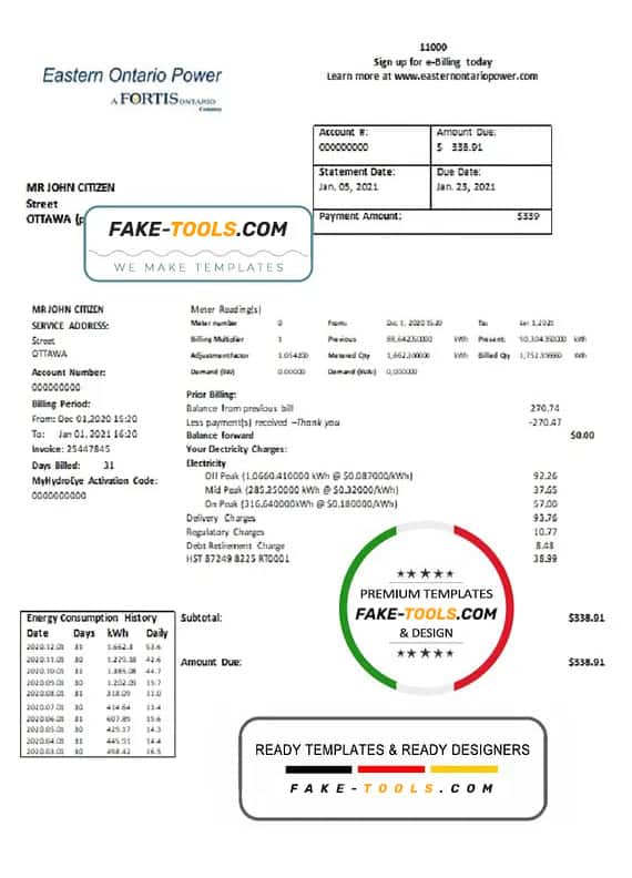 Canada Eastern Ontario Power utility bill template in Word and PDF format Canada Eastern Ontario Power utility bill template in Word and PDF format