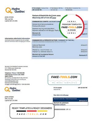 Canada Hydro-Québec utility bill template in .doc and .pdf format