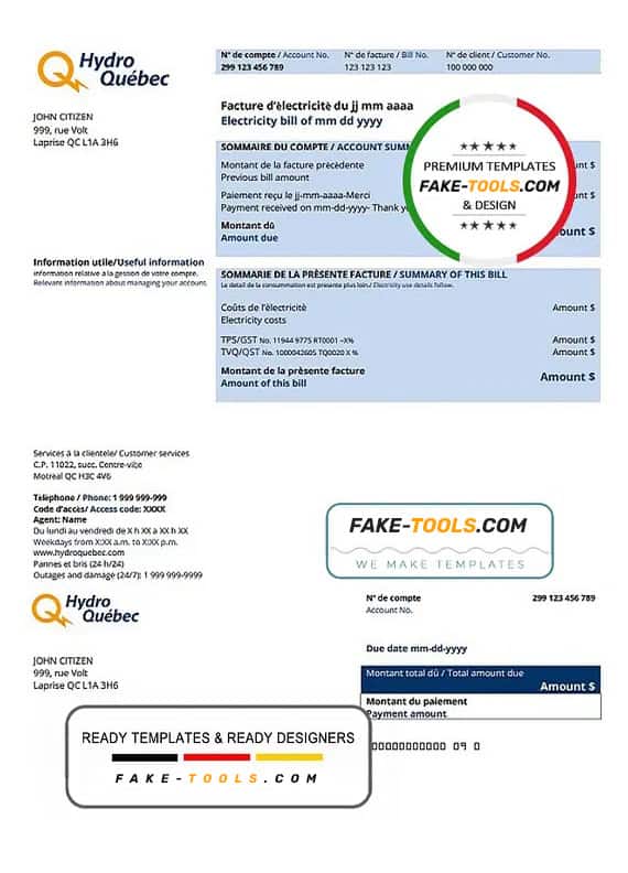Canada Hydro-Québec utility bill template in .doc and .pdf format Canada Hydro-Québec utility bill template in .doc and .pdf format
