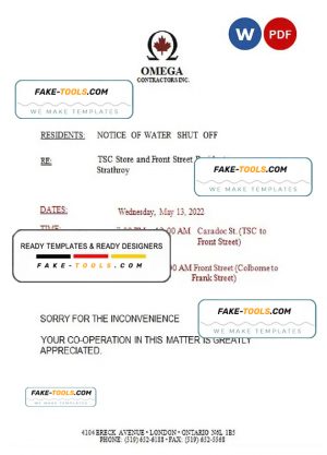 Canada Ontario Omega Contractors Inc. water utility bill shut off notice, Word and PDF template
