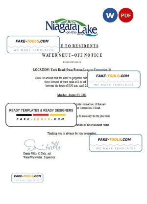 Canada Ontario The Niagara-on-the-Lake water utility shut off notice, Word and PDF template