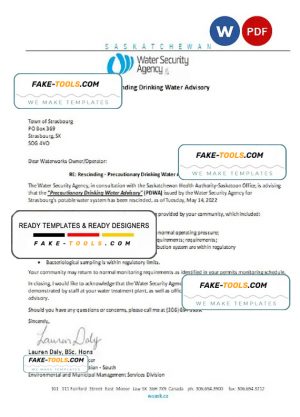 Canada Saskatchewan Strasbourg Water Security Agency water utility shut off notice, Word and PDF template