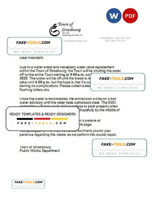 Canada Saskatchewan Town of Strasbourg water utility shut off notice, Word and PDF template