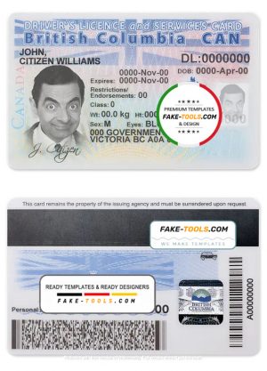 Canada province British Columbia driving license template in PSD format
