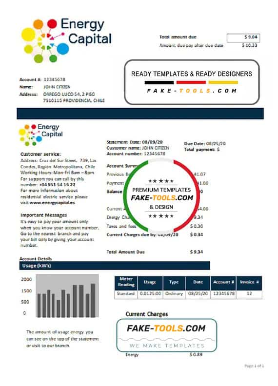 Chile Energy Capital utility bill template in Word and PDF format Chile Energy Capital utility bill template in Word and PDF format
