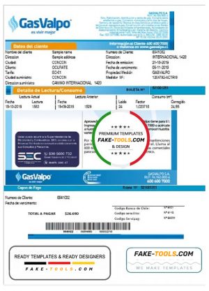 Chile GasValpo utility bill template, fully editable in Word and PDF format