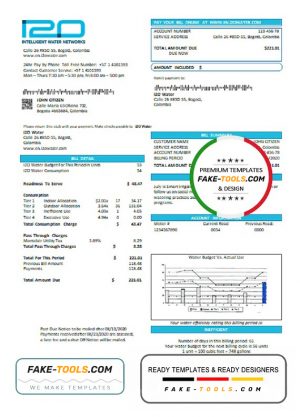 Colombia i2O Water utility bill template in Word and PDF format