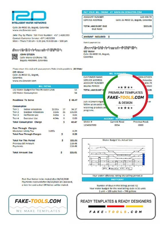 Colombia i2O Water utility bill template in Word and PDF format Colombia i2O Water utility bill template in Word and PDF format
