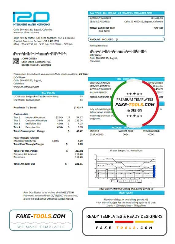 Colombia i2O Water utility bill template in Word and PDF format Colombia i2O Water utility bill template in Word and PDF format