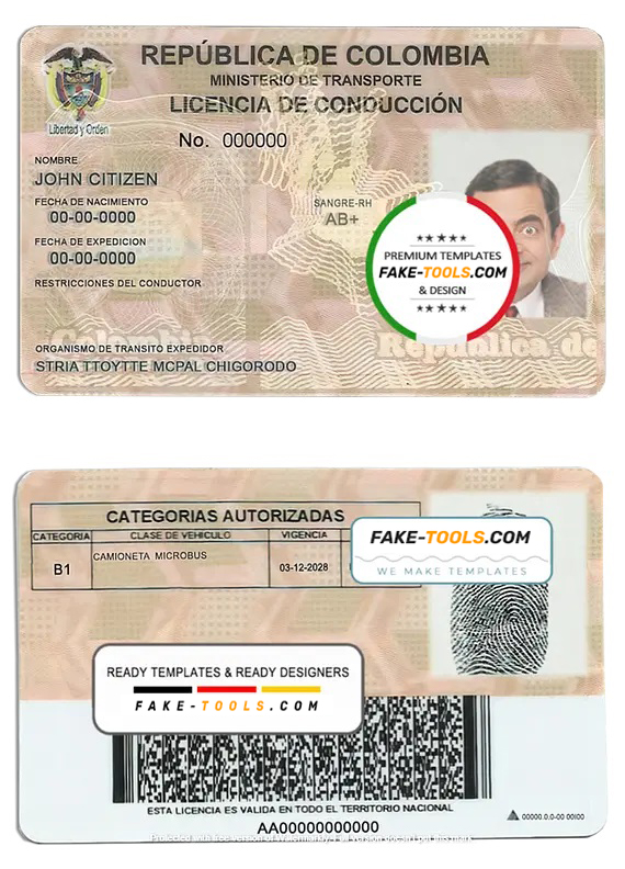 Colombia driving license template in PSD format, fully editable | fake ...