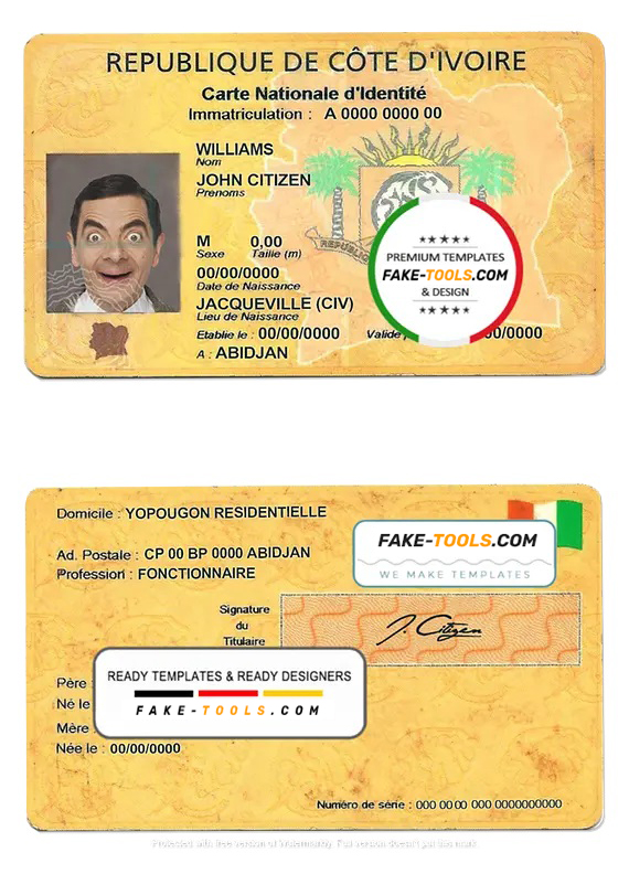 Cote D'Ivoire ID card template in PSD format, fully editable